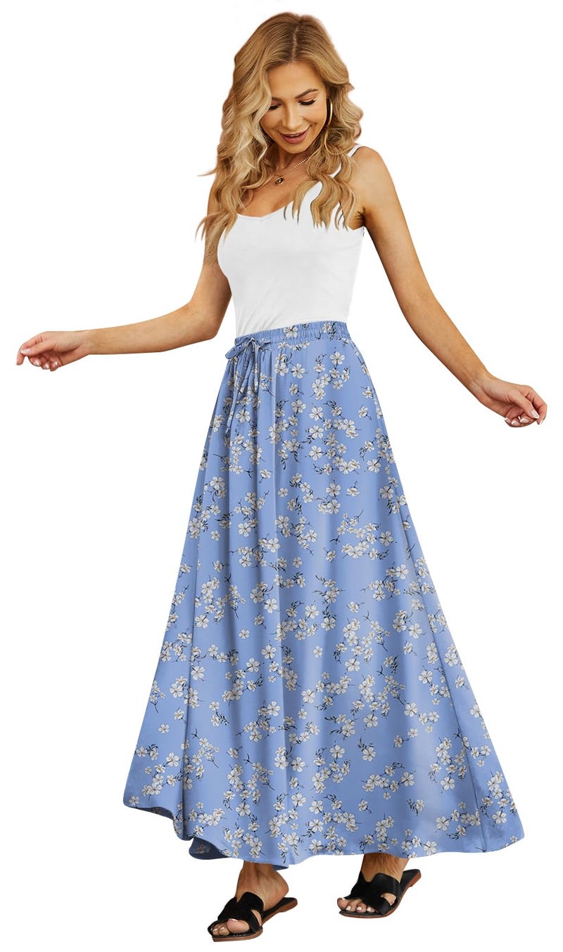 Yincro Women's Flowy Maxi Skirt Summer Pleated High Waisted Casual Long Skirts with Pockets (Blue White Flower, L) - Image 2