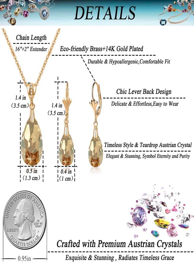 EVEVIC Austrian Crystals Teardrop Pendant Necklace Earrings for Women 14K Gold Plated Hypoallergenic Leverback Drop Dangle Earrings Jewelry Set (Light Topaz) - Image 4