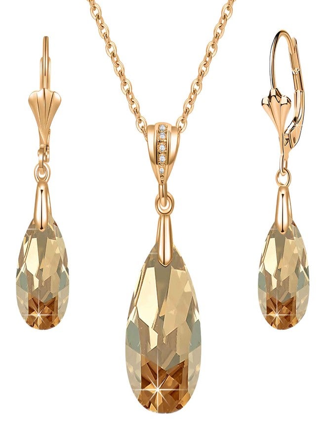 EVEVIC Austrian Crystals Teardrop Pendant Necklace Earrings for Women 14K Gold Plated Hypoallergenic Leverback Drop Dangle Earrings Jewelry Set (Light Topaz) - Image 1