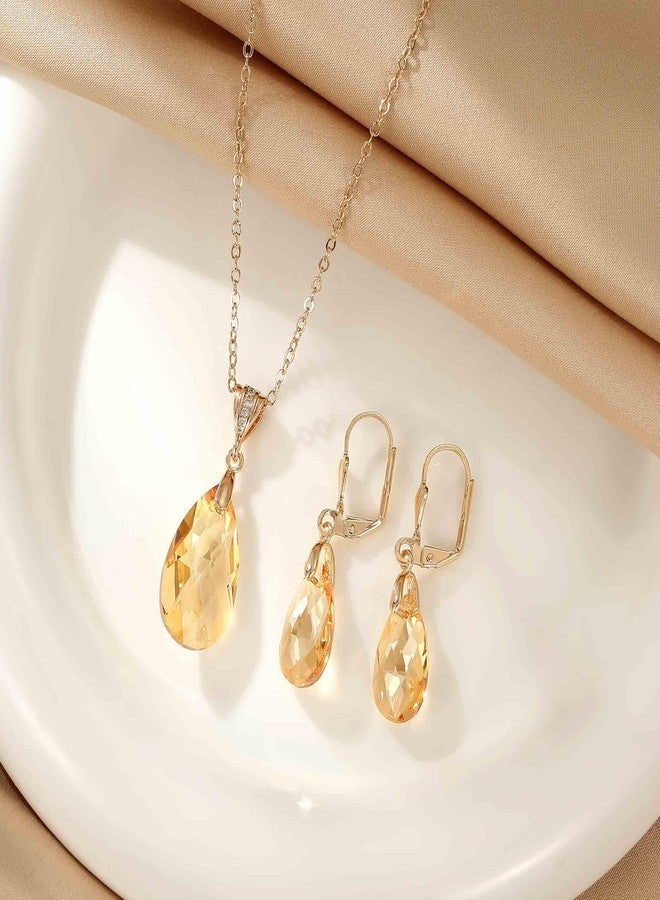 EVEVIC Austrian Crystals Teardrop Pendant Necklace Earrings for Women 14K Gold Plated Hypoallergenic Leverback Drop Dangle Earrings Jewelry Set (Light Topaz) - Image 3