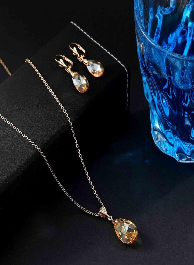 EVEVIC Austrian Crystals Teardrop Pendant Necklace Earrings for Women 14K Gold Plated Hypoallergenic Leverback Drop Dangle Earrings Jewelry Set (Light Topaz) - Image 5