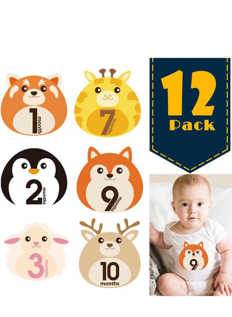 XIYU ملصقات milestones الشهرية لحديثي الولادة 12 قطعة بنمط حيوانات كرتونية ل props صور الأطفال - Image 1