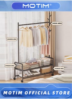 Motim Rolling Metal Coat Rack With 360° Wheels Garment Rack Organizer With Bottom Shelves, Basket And 4 Hooks For Clothes Hats Bags(Black, 120 * 35 * 176CM)  - Image 2