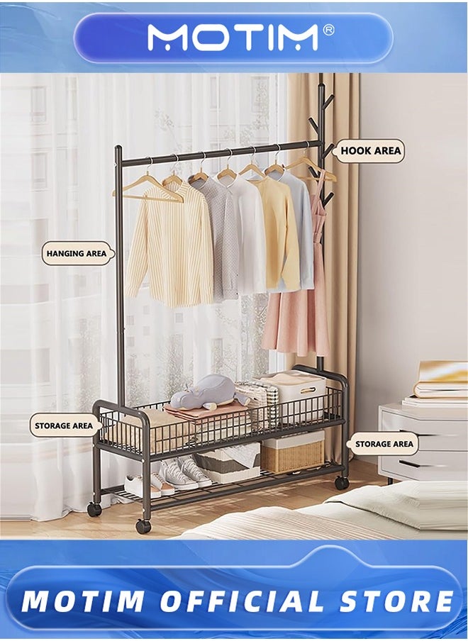 Motim Rolling Metal Coat Rack With 360° Wheels Garment Rack Organizer With Bottom Shelves, Basket And 4 Hooks For Clothes Hats Bags(Black, 120 * 35 * 176CM)  - Image 2