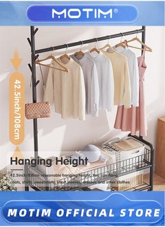 Motim Rolling Metal Coat Rack With 360° Wheels Garment Rack Organizer With Bottom Shelves, Basket And 4 Hooks For Clothes Hats Bags(Black, 120 * 35 * 176CM)  - Image 4