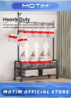 Motim Rolling Metal Coat Rack With 360° Wheels Garment Rack Organizer With Bottom Shelves, Basket And 4 Hooks For Clothes Hats Bags(Black, 120 * 35 * 176CM)  - Image 5