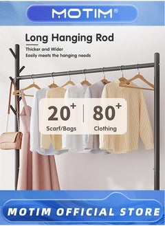 Motim Rolling Metal Coat Rack With 360° Wheels Garment Rack Organizer With Bottom Shelves, Basket And 4 Hooks For Clothes Hats Bags(Black, 120 * 35 * 176CM)  - Image 3