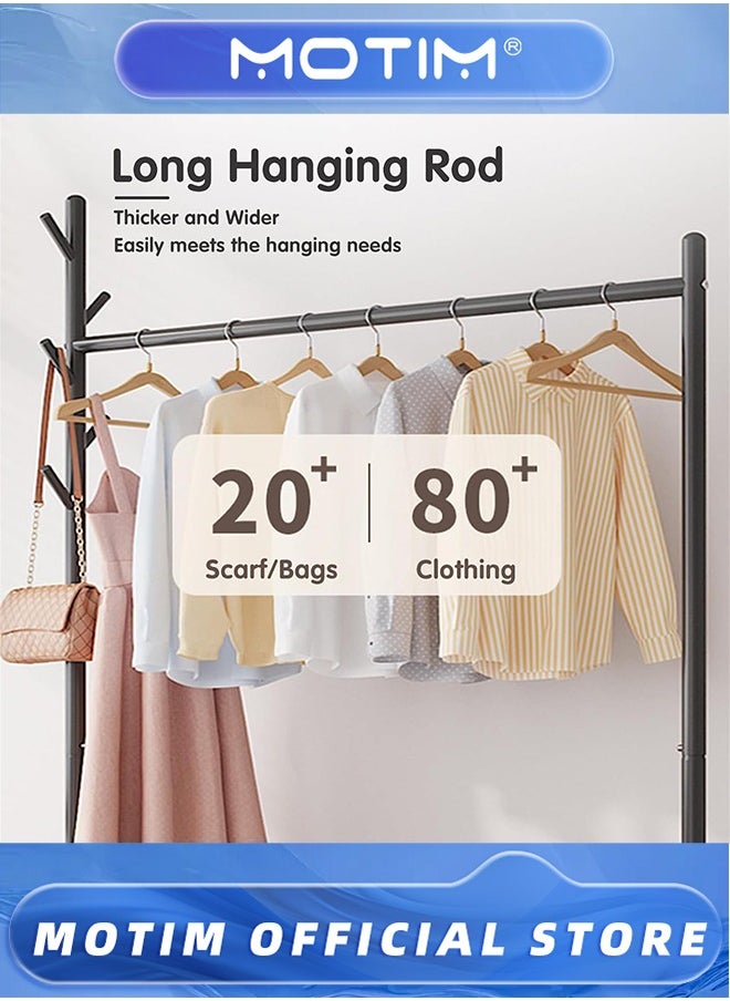 Motim Rolling Metal Coat Rack With 360° Wheels Garment Rack Organizer With Bottom Shelves, Basket And 4 Hooks For Clothes Hats Bags(Black, 120 * 35 * 176CM)  - Image 3