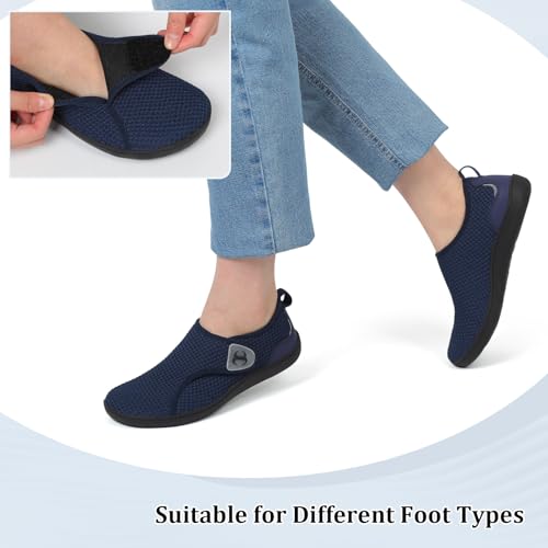 Scurtain Blue Womens Shoes Extra Wide Non Slip Diabetic Shoes Adjustable Neuropathy Bunion Arthritis Shoe Casual Walking Knitted Flat Shoes Size 6.5 - Image 5