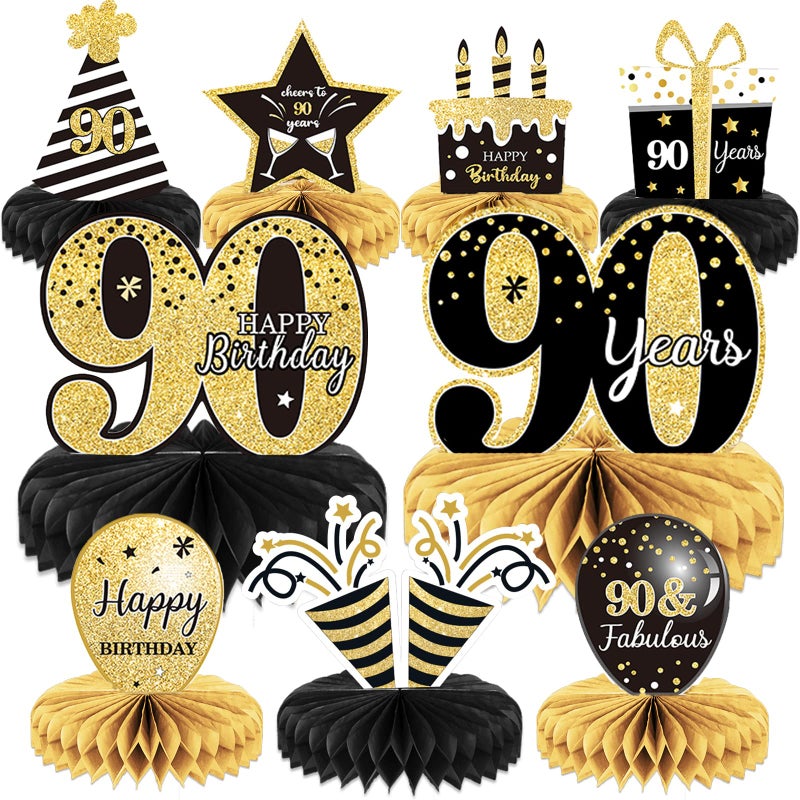 Tevxj 9 Pieces 90th Birthday Decoration 90 th Birthday Centerpieces for Tables Decorations Cheers to 90 Years Honeycomb Table Topper for Men and Women Nighty Years Party Decoration Supplies 90th - Image 2
