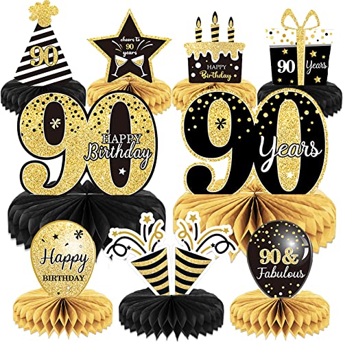 Tevxj 9 Pieces 90th Birthday Decoration 90 th Birthday Centerpieces for Tables Decorations Cheers to 90 Years Honeycomb Table Topper for Men and Women Nighty Years Party Decoration Supplies 90th - Image 1