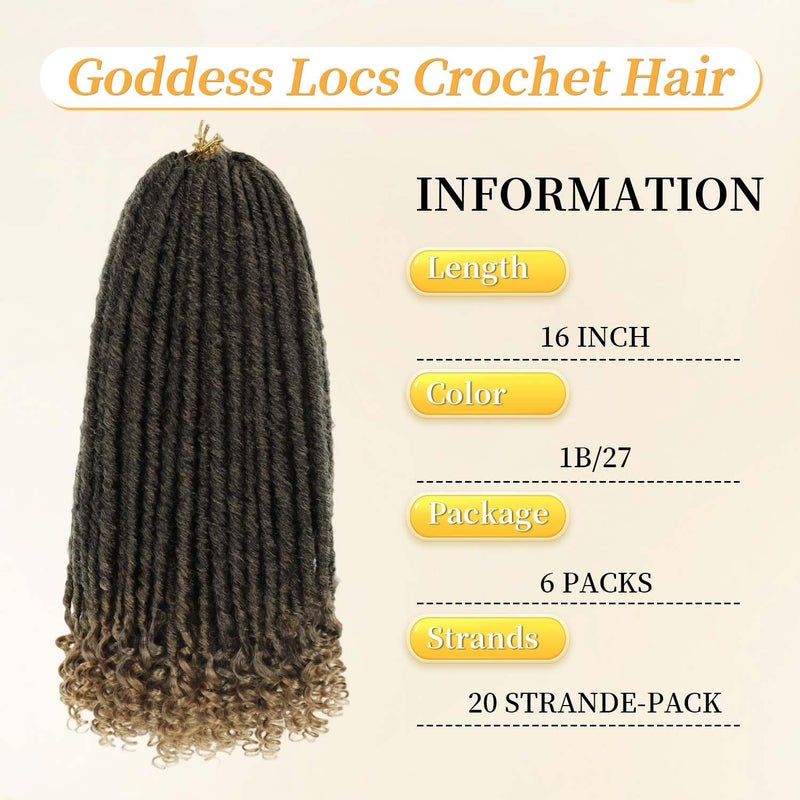 MODERN QUEEN Goddess Locs Crochet Hair 6 Packs, 16 Inch Straight Faux Locs Crochet Braids, Pre-Looped Curly Soft Synthetic Ombre Braiding Hair Extensions for Black Women(16 Inch, 6 Packs, 1B/27#) - Image 2