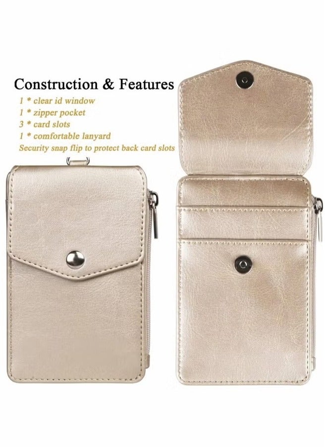 Badge Holder with Zipper PU Leather ID Card Wallet 1 Clear Window and 3 Slots Secure Cover Nylon Lanyard for Office School ID, Credit Cards, Driver Licence (Gold) - Image 2