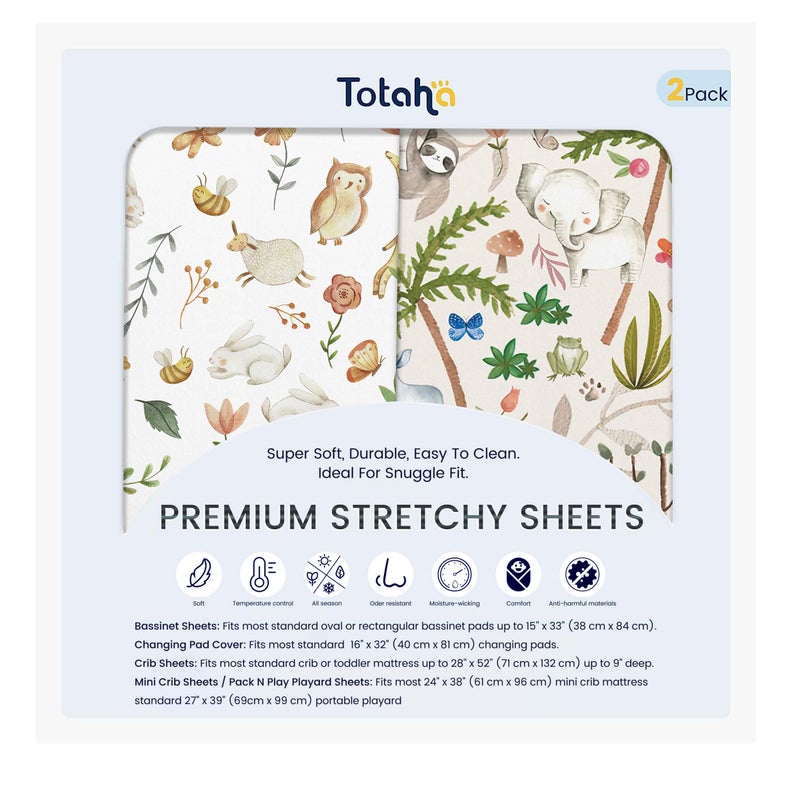 Totaha Crib Sheets For Boys Girls  Premium Soft Crib Mattress Fitted Sheet  Super Stretchy Jersey Knit Baby Sheets  Silky Comfort Baby Bed Sheets 28X52X9 Extra Deep Pocket  2 Pack (Happy Zoo & Jungle) - Image 1