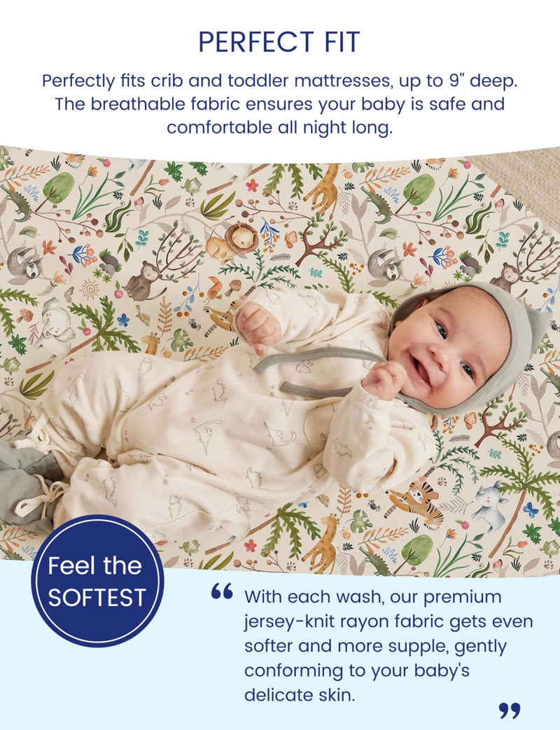 Totaha Crib Sheets For Boys Girls  Premium Soft Crib Mattress Fitted Sheet  Super Stretchy Jersey Knit Baby Sheets  Silky Comfort Baby Bed Sheets 28X52X9 Extra Deep Pocket  2 Pack (Happy Zoo & Jungle) - Image 3