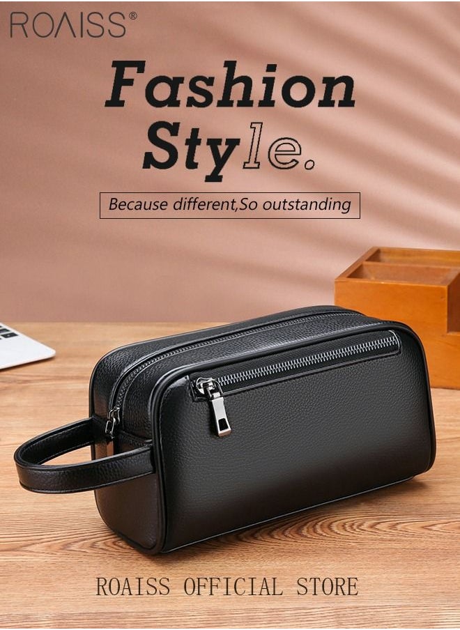 roaiss - Men's Business Cowhide Leather Clutch Bag Hand Carry Large Wallet Multiple Compartments Handbag Card Holder Multi Function Large Capacity Wallet with Wristband - Image 1