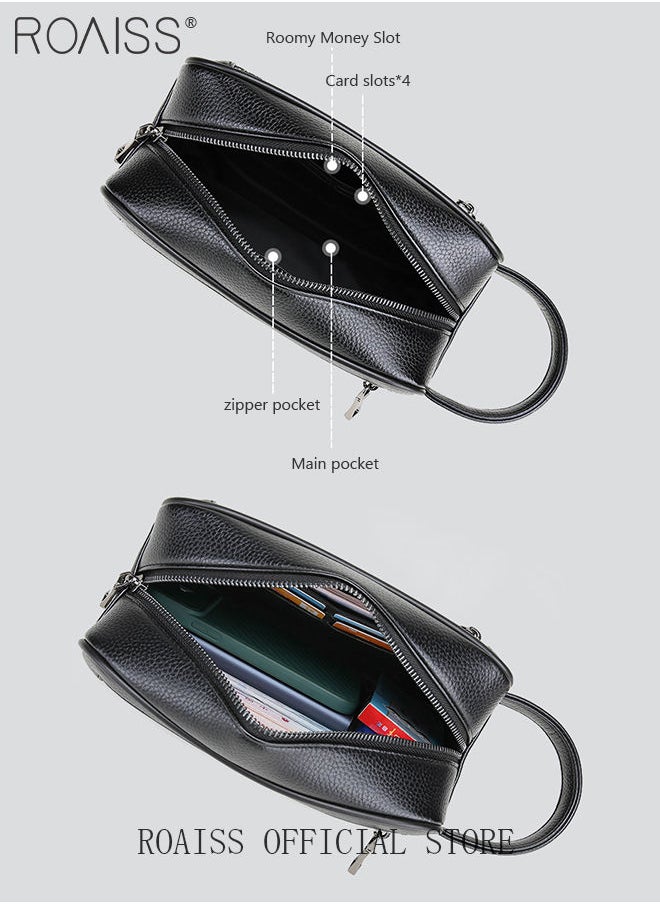 roaiss - Men's Business Cowhide Leather Clutch Bag Hand Carry Large Wallet Multiple Compartments Handbag Card Holder Multi Function Large Capacity Wallet with Wristband - Image 1