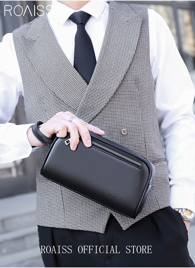 roaiss - Men's Business Cowhide Leather Clutch Bag Hand Carry Large Wallet Multiple Compartments Handbag Card Holder Multi Function Large Capacity Wallet with Wristband - Image 1