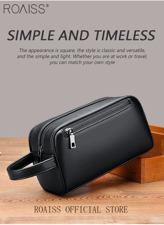 roaiss - Men's Business Cowhide Leather Clutch Bag Hand Carry Large Wallet Multiple Compartments Handbag Card Holder Multi Function Large Capacity Wallet with Wristband - Image 1