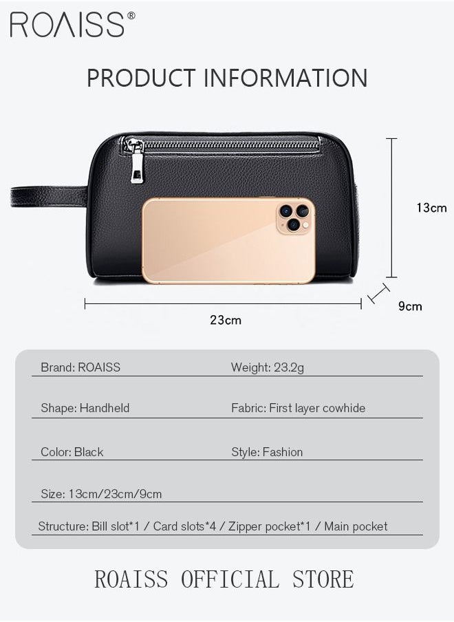 roaiss - Men's Business Cowhide Leather Clutch Bag Hand Carry Large Wallet Multiple Compartments Handbag Card Holder Multi Function Large Capacity Wallet with Wristband - Image 1