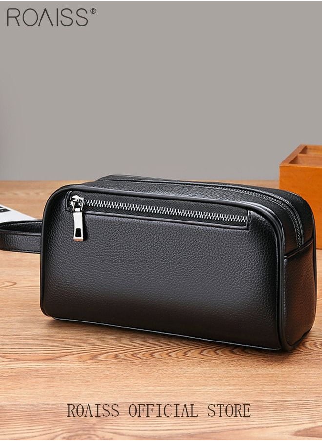 roaiss - Men's Business Cowhide Leather Clutch Bag Hand Carry Large Wallet Multiple Compartments Handbag Card Holder Multi Function Large Capacity Wallet with Wristband - Image 1