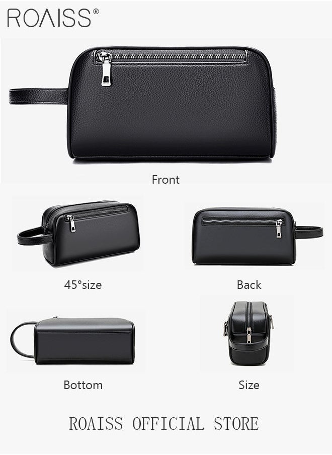 roaiss - Men's Business Cowhide Leather Clutch Bag Hand Carry Large Wallet Multiple Compartments Handbag Card Holder Multi Function Large Capacity Wallet with Wristband - Image 1