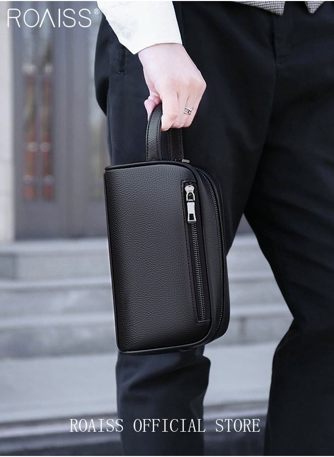 roaiss - Men's Business Cowhide Leather Clutch Bag Hand Carry Large Wallet Multiple Compartments Handbag Card Holder Multi Function Large Capacity Wallet with Wristband - Image 1