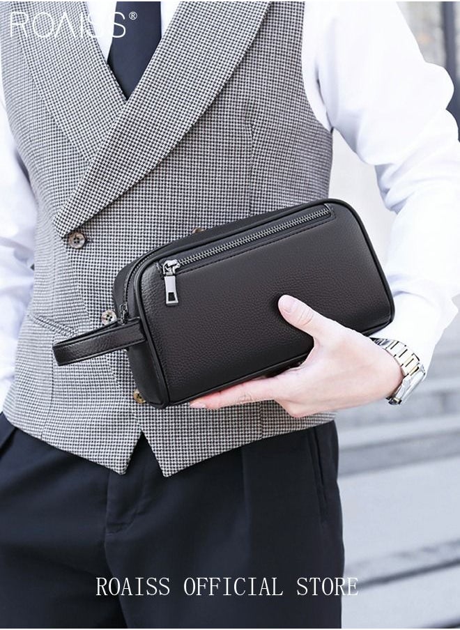 roaiss - Men's Business Cowhide Leather Clutch Bag Hand Carry Large Wallet Multiple Compartments Handbag Card Holder Multi Function Large Capacity Wallet with Wristband - Image 1