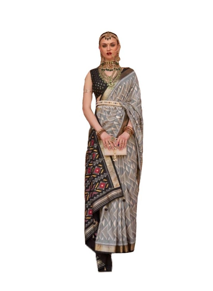 Grab Mantra Traditional Silk Grey Base Saree Black Border With Patola Design Plus unstitched Blouse  - Image 1