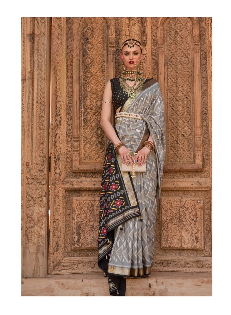 Grab Mantra Traditional Silk Grey Base Saree Black Border With Patola Design Plus unstitched Blouse  - Image 2