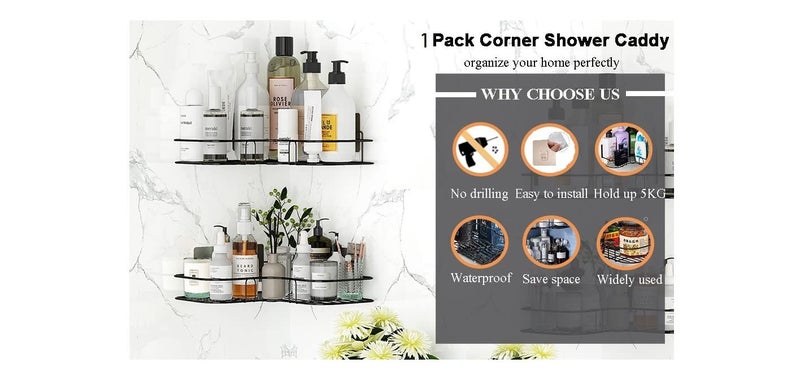 Kmils Modern Wall Mounted Self-Adhesive Metal Bathroom Accessories Storage Corner Rack, Bathroom Rack, Bathroom Shelf Organizer, Shampoo Holder for Bathroom (Pack of 1 Piece)(Black) - Image 5