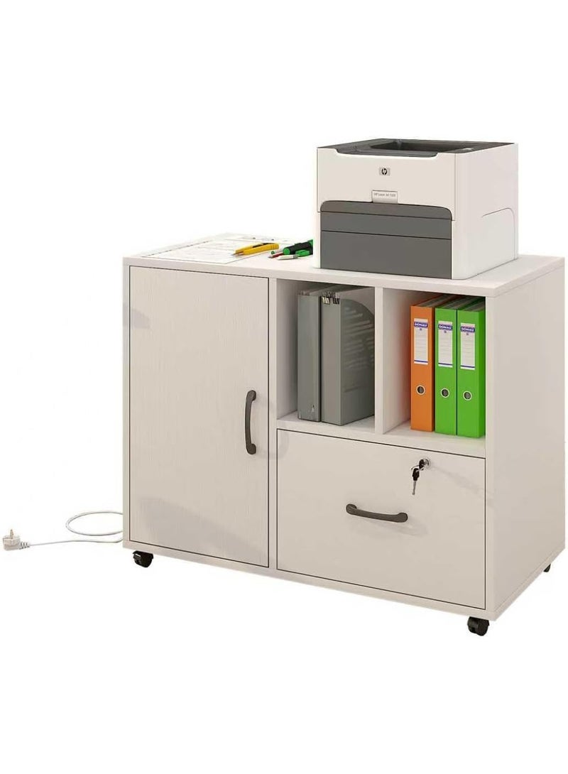  CityRiya-Long خزانة تخزين، خزانة ملفات مكتبية، خزانة ملفات، خزانة تخزين واسعة مع منفذ طاقة وعجلات، محطة بار، خزائن جانبية للبوفيه، منظم تخزين للمنزل (أبيض) - Image 3