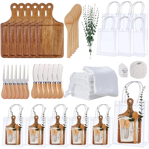 Baby Shower Prizes for Game Winners Bamboo Cheese Board Spoon Fork Butter Spreaders Plaid Towel Thank You Card and Gift Bags for Baby Shower Wedding Bridal Shower Favors Acacia 6 Sets
