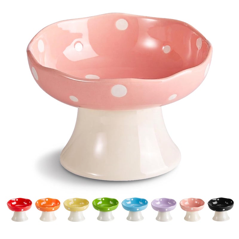 TRUNDISAN Mushroom Shaped Ceramic Elevated Cat Bowl Tilted Whisker Friendly Feeding Dish for Indoor Cats Wide Raised Pet Bowl Dishwasher Safe Pink - Image 2