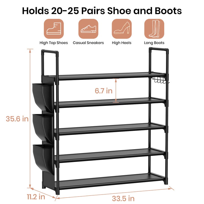VILICK 5 Tier Shoe Rack with Hook and Side Pocket,Shoe Organizer Space Saver Storage for 20-25 Pair Shoe Storage Shelf Sturdy Free Standing Long Shoe Rack Organizer for Closet,Entryway,Small Spaces - Image 3