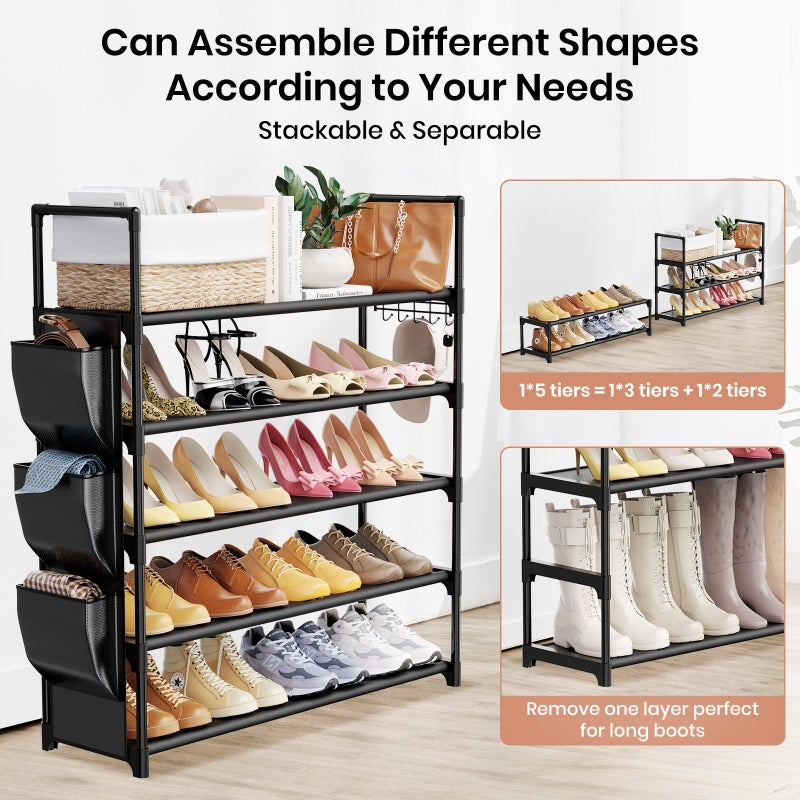 VILICK 5 Tier Shoe Rack with Hook and Side Pocket,Shoe Organizer Space Saver Storage for 20-25 Pair Shoe Storage Shelf Sturdy Free Standing Long Shoe Rack Organizer for Closet,Entryway,Small Spaces - Image 5