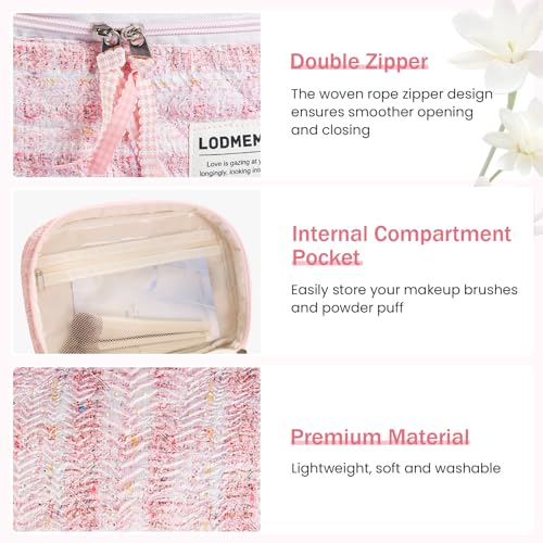 Lodmemo Makeup Bag 3 PCS Quilted Cosmetic Bags for Women, Large Travel Make up Bag Set Cute Cotton Toiletry Bag Organizer Pouch for Purse, Pink - Image 4