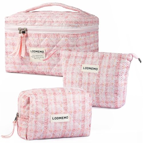 Lodmemo Makeup Bag 3 PCS Quilted Cosmetic Bags for Women, Large Travel Make up Bag Set Cute Cotton Toiletry Bag Organizer Pouch for Purse, Pink - Image 1
