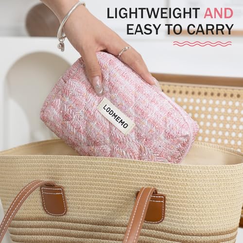 Lodmemo Makeup Bag 3 PCS Quilted Cosmetic Bags for Women, Large Travel Make up Bag Set Cute Cotton Toiletry Bag Organizer Pouch for Purse, Pink - Image 2