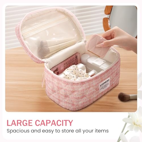 Lodmemo Makeup Bag 3 PCS Quilted Cosmetic Bags for Women, Large Travel Make up Bag Set Cute Cotton Toiletry Bag Organizer Pouch for Purse, Pink - Image 3