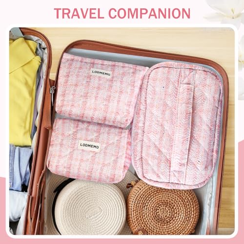 Lodmemo Makeup Bag 3 PCS Quilted Cosmetic Bags for Women, Large Travel Make up Bag Set Cute Cotton Toiletry Bag Organizer Pouch for Purse, Pink - Image 5