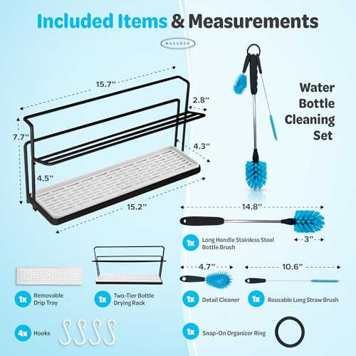 WAKUBON Water Bottle Drying Rack for Kitchen Counter – Cup Drying Rack, Tumbler, Mug & Glass Drying Rack Drying Rack, 2 Tier with Drain Tray and Cleaning Brush Set (Black) - Image 2
