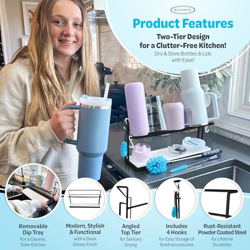 WAKUBON Water Bottle Drying Rack for Kitchen Counter – Cup Drying Rack, Tumbler, Mug & Glass Drying Rack Drying Rack, 2 Tier with Drain Tray and Cleaning Brush Set (Black) - Image 3