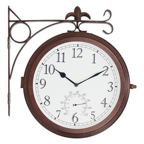 BESTIME 66276A Double Sided Metal Wall Clock with Antique Red Copper. Dial: 10-Inch,Thermometer, Quiet,Easy Read,Retro Station,Antique Hanging Clocks for Garden,Home Decor,Indoor,Outdoor,Living Room. - Image 1