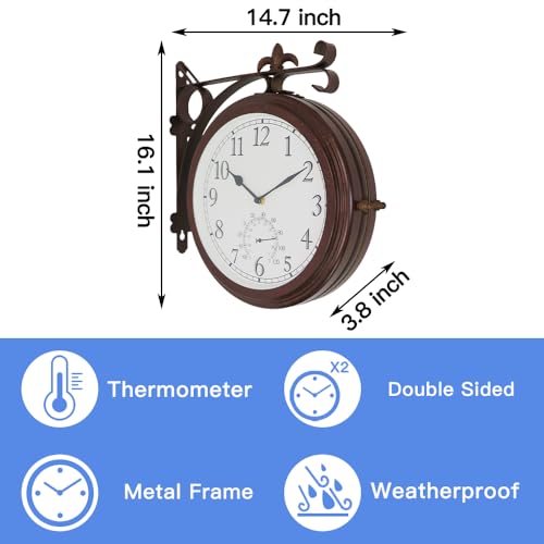 BESTIME 66276A Double Sided Metal Wall Clock with Antique Red Copper. Dial: 10-Inch,Thermometer, Quiet,Easy Read,Retro Station,Antique Hanging Clocks for Garden,Home Decor,Indoor,Outdoor,Living Room. - Image 2
