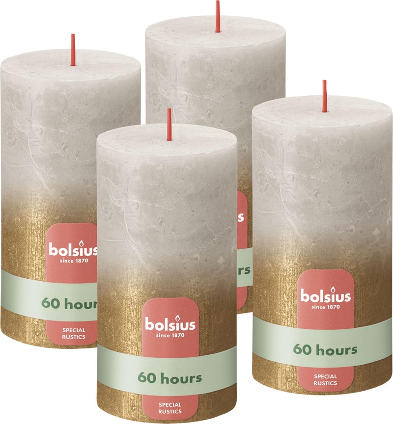 Bolsius Rustic Pillar Candle  Fading Metallic  Grey  Gold  Pack of 4  Long Burning Time 60 Hours  Interior  Includes Natural Vegan Wax  No Palm Oil  13 x 7 cm