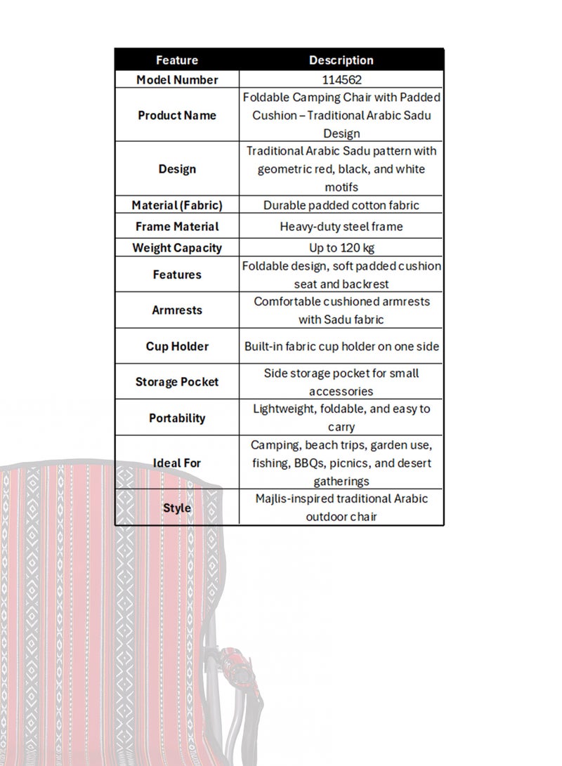 دي بلو كرسي تخييم قابل للطي مبطن بتصميم عربي سدو مع حامل أكواب و4 جيوب جانبية – كرسي مجلس خارجي مريح للرحلات، الشاطئ، الحديقة، الصيد، السفر، الشواء والنزهات – ‎50×50×93 سم‎ - Image 2