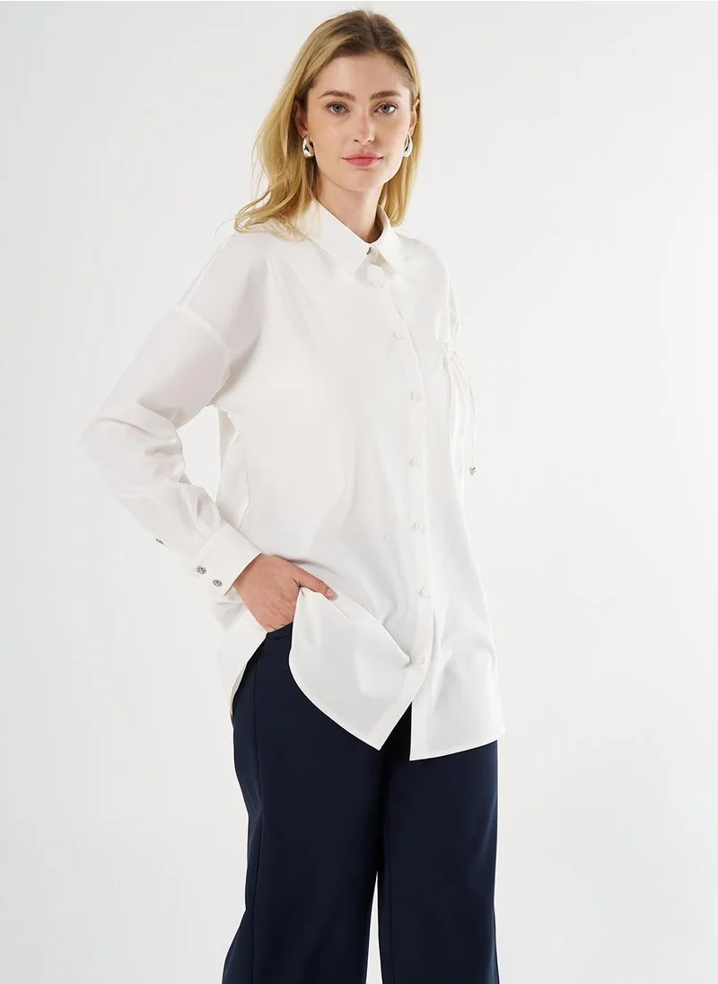 Kayra Lace-Up Back Shirt Collar Tunic, Ecru