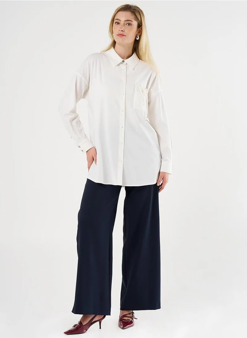 Kayra Lace-Up Back Shirt Collar Tunic, Ecru