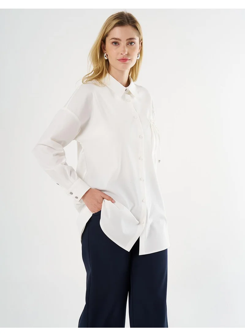 Kayra Lace-Up Back Shirt Collar Tunic, Ecru
